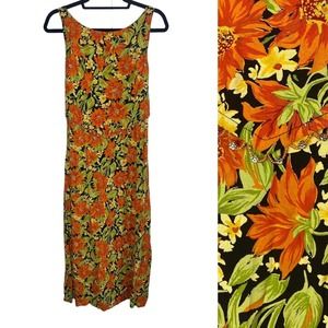 VTG Women's Floral Beaded Midi Length Dress Size 14 Orange Tie Waist CDC Wear